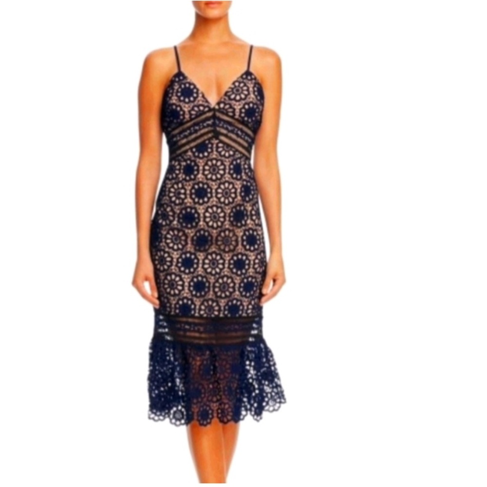 Aqua Navy Lace Midi Dress (Small)